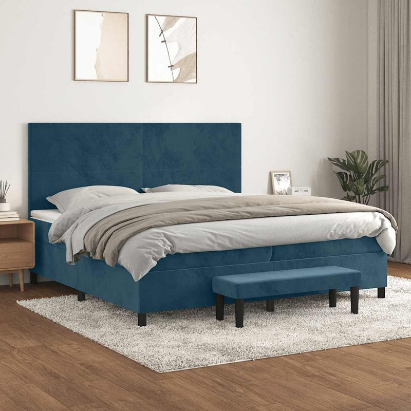 Pat box spring cu saltea, albastru închis, 200x200 cm, catifea