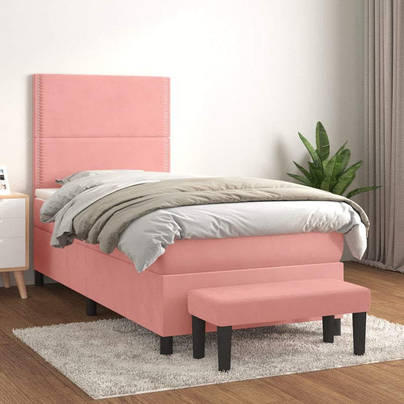 Pat box spring cu saltea, roz, 90x200 cm, catifea