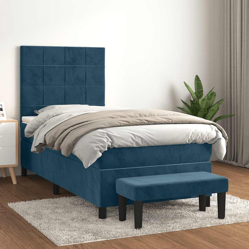 Pat box spring cu saltea, albastru închis, 90x190 cm, catifea