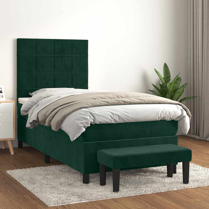 Pat box spring cu saltea, verde închis, 90x200 cm, catifea