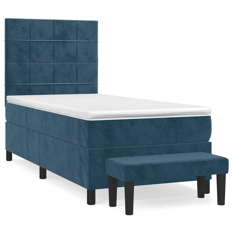 Pat box spring cu saltea, albastru închis, 90x200 cm, catifea