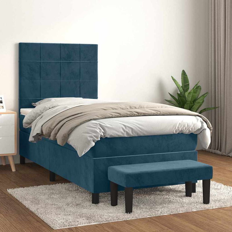 Pat box spring cu saltea, albastru închis, 100x200 cm, catifea