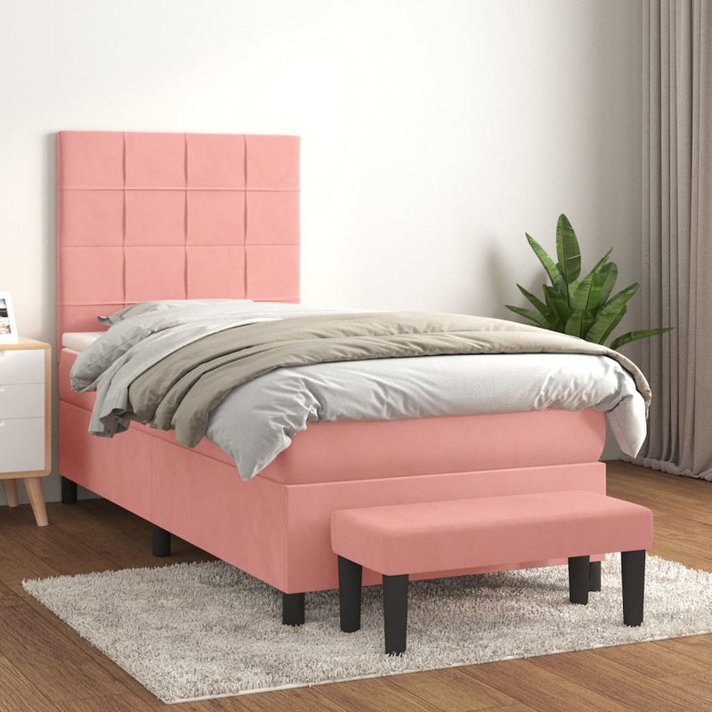 Pat box spring cu saltea, roz, 100x200 cm, catifea