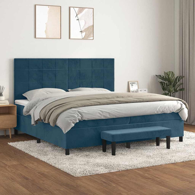 Pat box spring cu saltea, albastru închis, 200x200 cm, catifea
