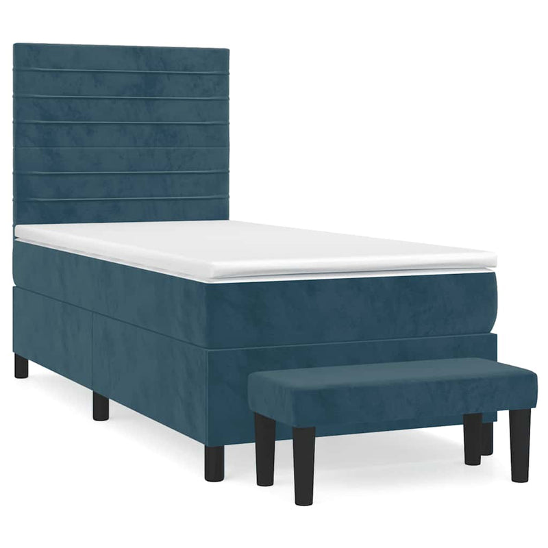 Pat box spring cu saltea, albastru închis, 90x200 cm, catifea
