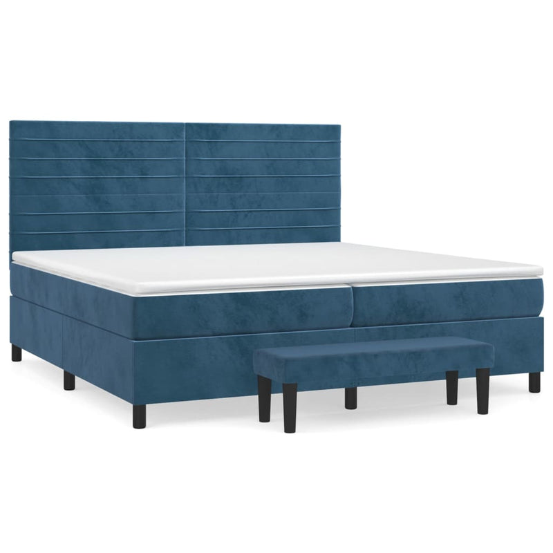 Pat box spring cu saltea, albastru închis, 200x200 cm, catifea