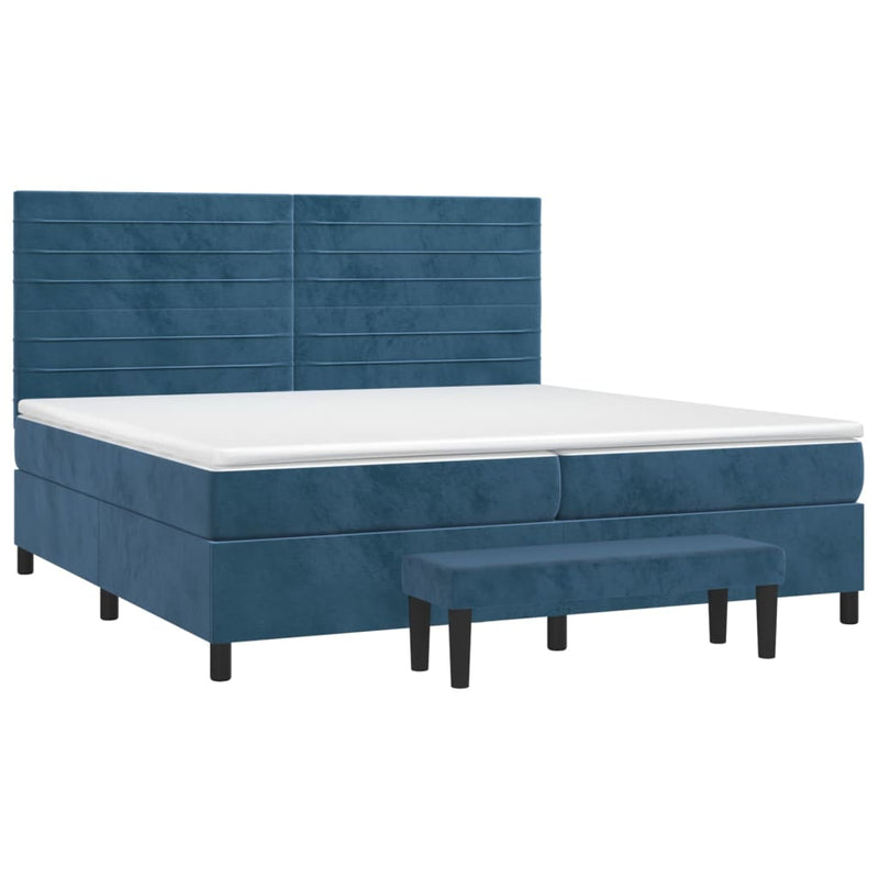Pat box spring cu saltea, albastru închis, 200x200 cm, catifea