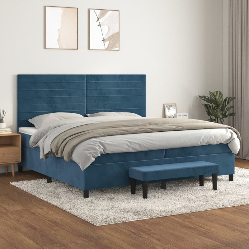 Pat box spring cu saltea, albastru închis, 200x200 cm, catifea