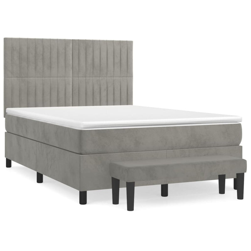 Pat box spring cu saltea, gri deschis, 140x190 cm, catifea