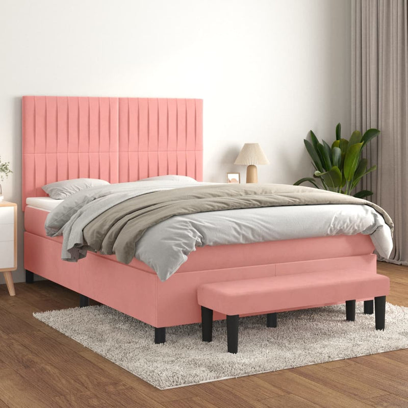 Pat box spring cu saltea, roz, 140x190 cm, catifea