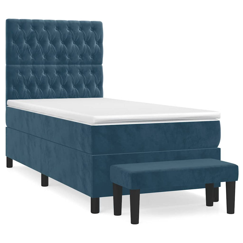 Pat box spring cu saltea, albastru închis, 90x200 cm, catifea