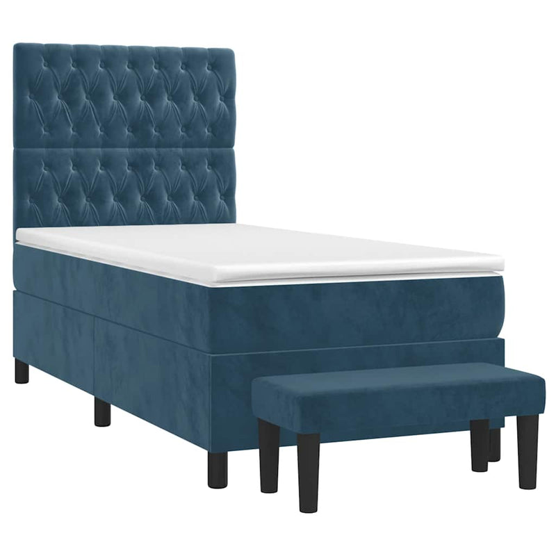 Pat box spring cu saltea, albastru închis, 90x200 cm, catifea