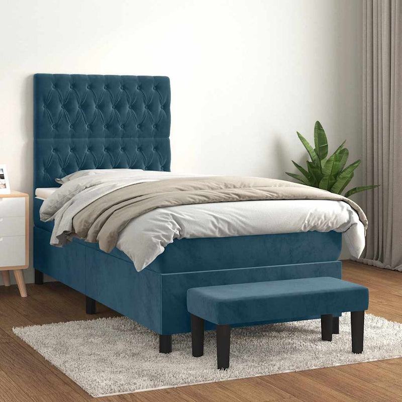 Pat box spring cu saltea, albastru închis, 90x200 cm, catifea