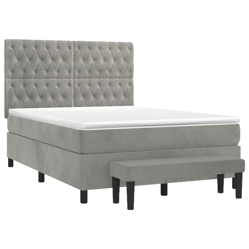 Pat box spring cu saltea, gri deschis, 140x200 cm, catifea