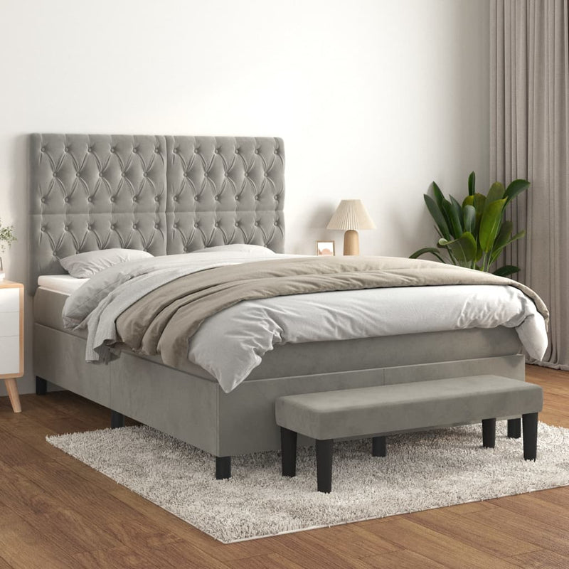 Pat box spring cu saltea, gri deschis, 140x200 cm, catifea