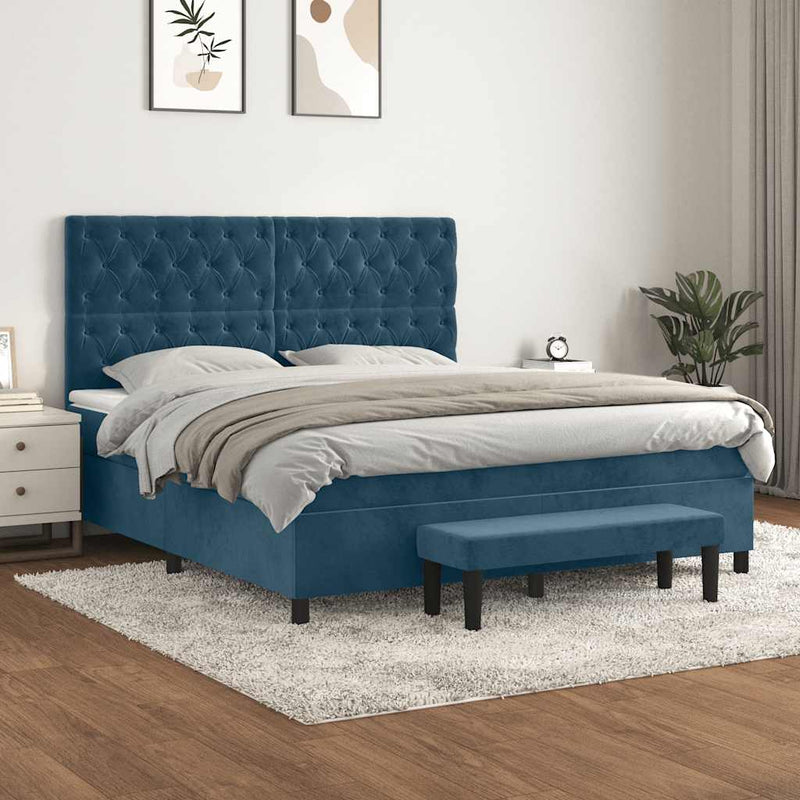 Pat box spring cu saltea, albastru închis, 160x200 cm, catifea