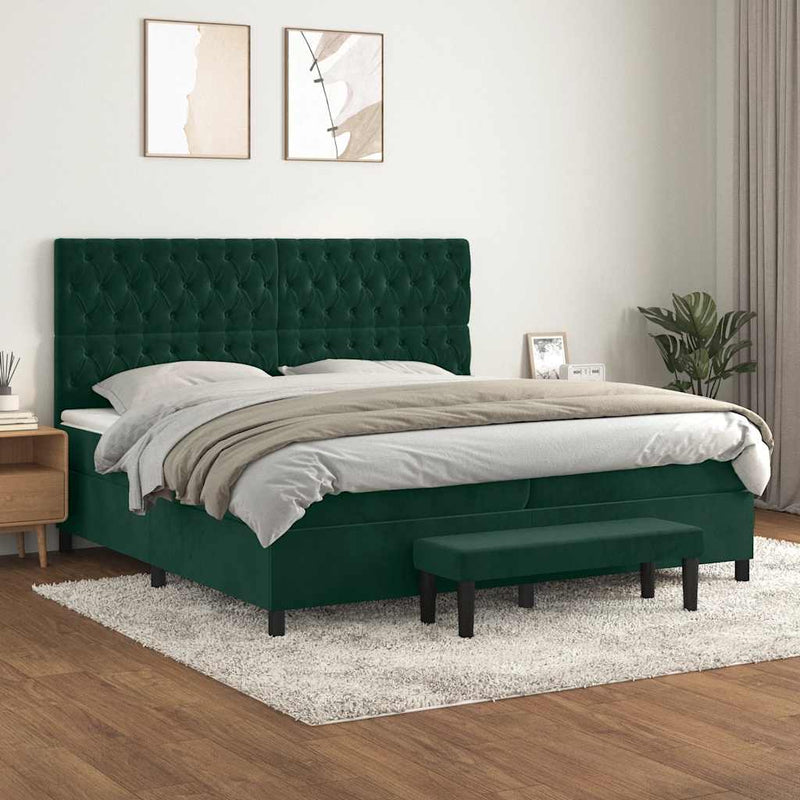 Pat box spring cu saltea, verde închis, 200x200 cm, catifea