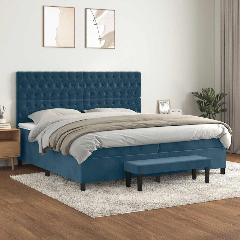 Pat box spring cu saltea, albastru închis, 200x200 cm, catifea