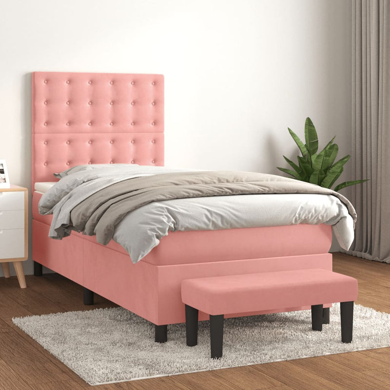 Pat box spring cu saltea, roz, 90x190 cm, catifea