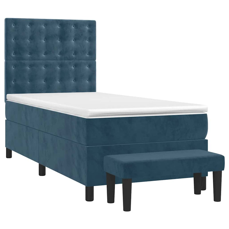 Pat box spring cu saltea, albastru închis, 90x200 cm, catifea