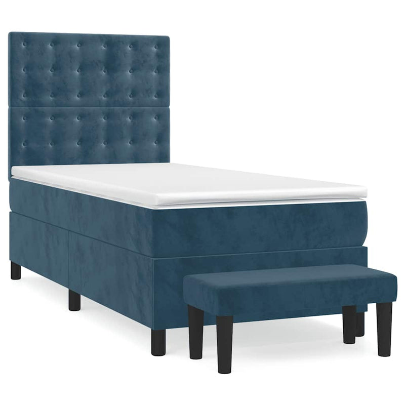 Pat box spring cu saltea, albastru închis, 90x200 cm, catifea
