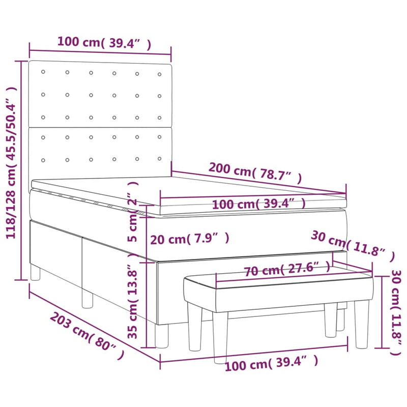Pat box spring cu saltea, gri deschis, 100x200 cm, catifea
