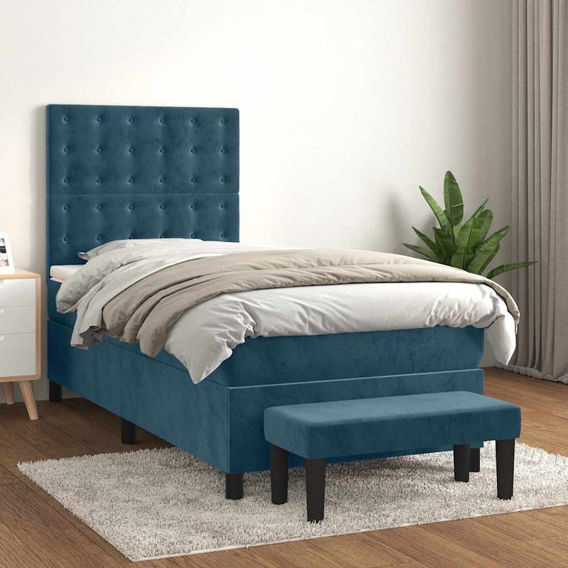 Pat box spring cu saltea, albastru închis, 100x200 cm, catifea