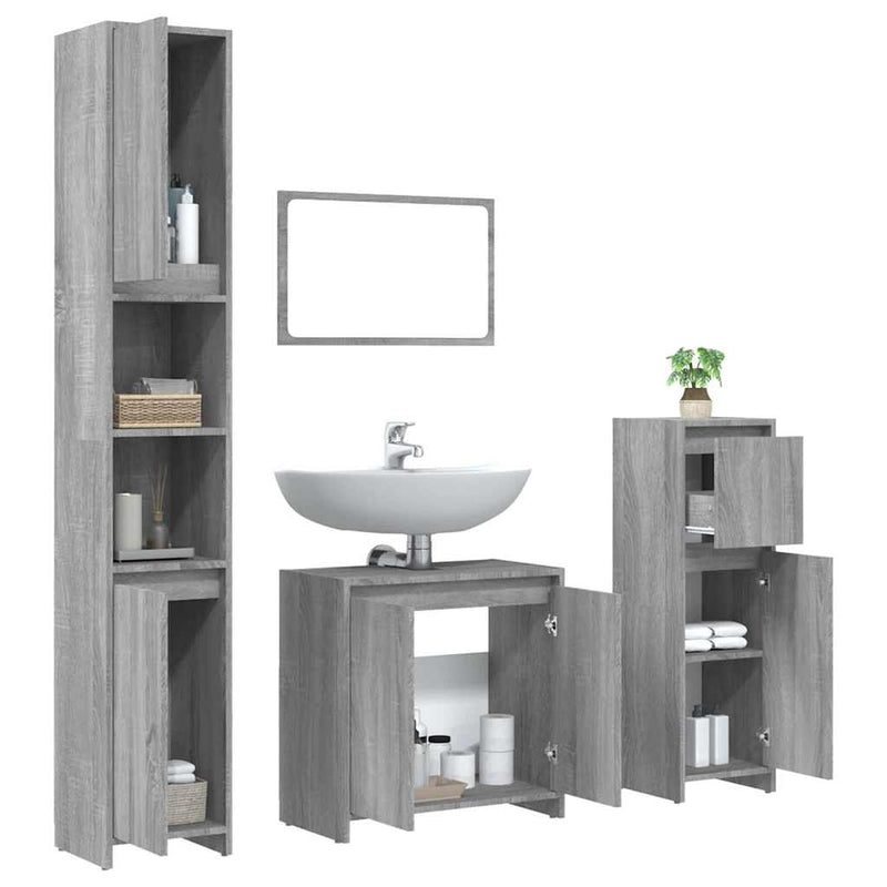 Set mobilier de baie, 4 piese, gri sonoma, lemn prelucrat