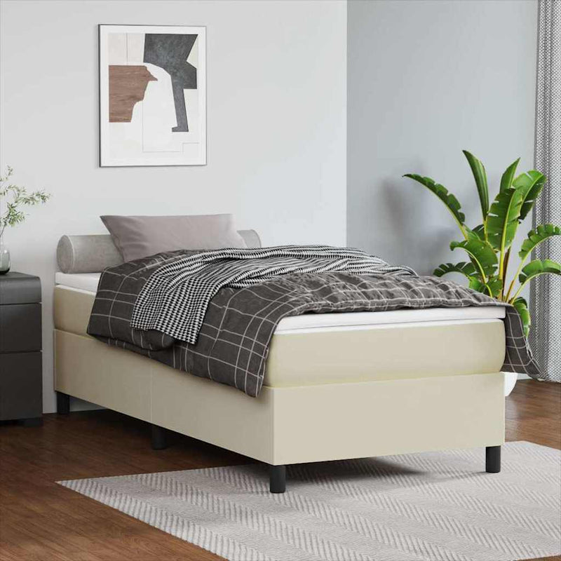 Pat box spring cu saltea, crem, 90x190 cm, piele ecologică