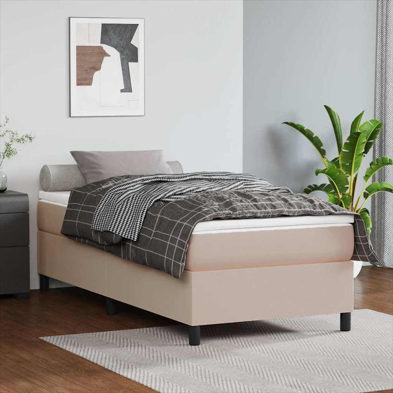 Pat box spring cu saltea, cappuccino, 90x200 cm piele ecologică