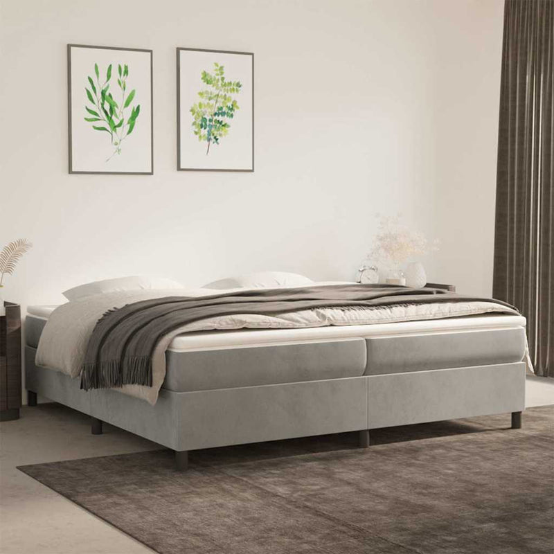 Pat box spring cu saltea, gri deschis, 200x200 cm, catifea