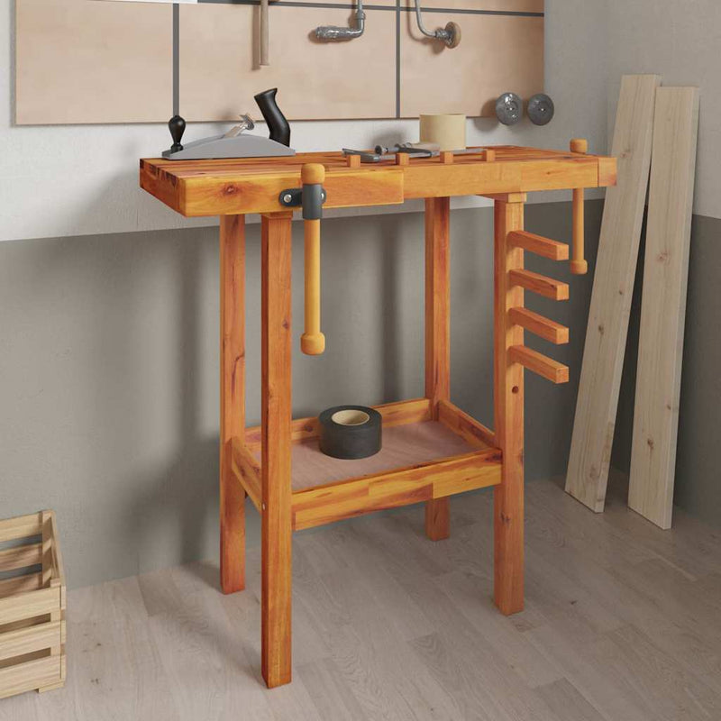 Banc de lucru cu menghine, 92x48x83 cm, lemn masiv de acacia