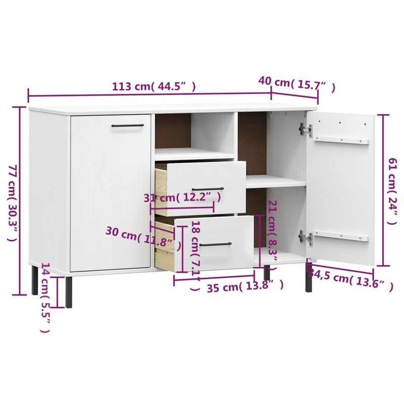 Servantă cu picioare metalice „OSLO” alb 113x40x77 cm lemn