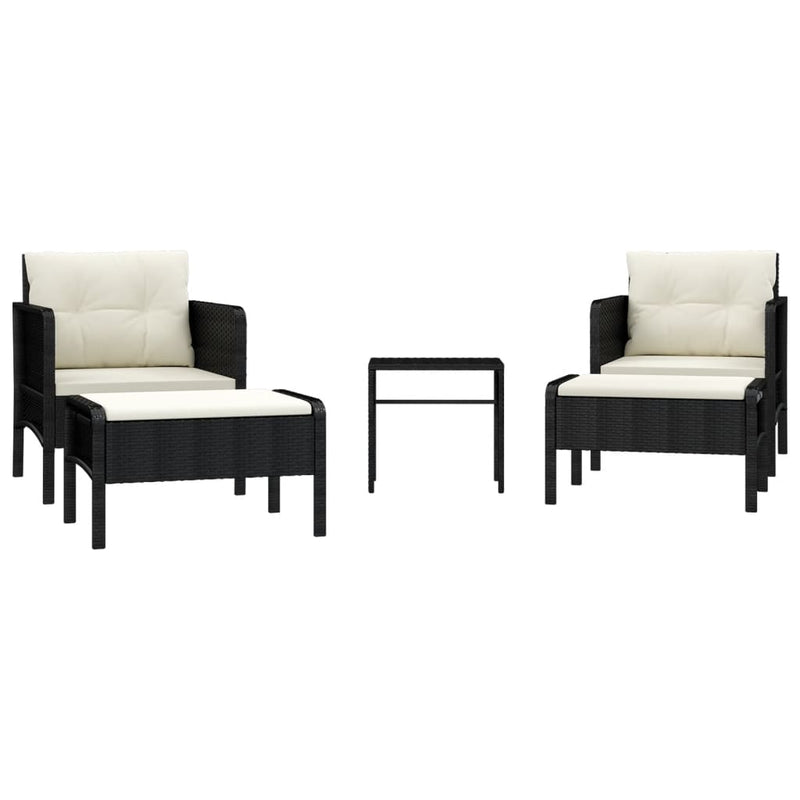 Set șezlonguri de grădină, 5 piese, cu perne, negru, poliratan