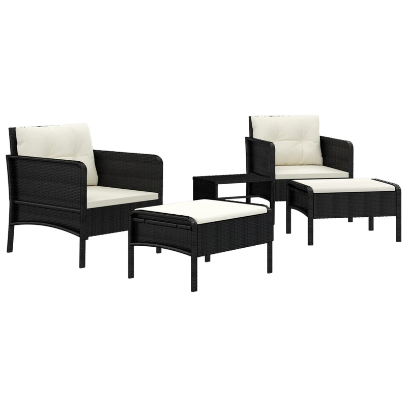 Set șezlonguri de grădină, 5 piese, cu perne, negru, poliratan