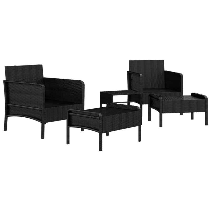 Set șezlonguri de grădină, 5 piese, cu perne, negru, poliratan