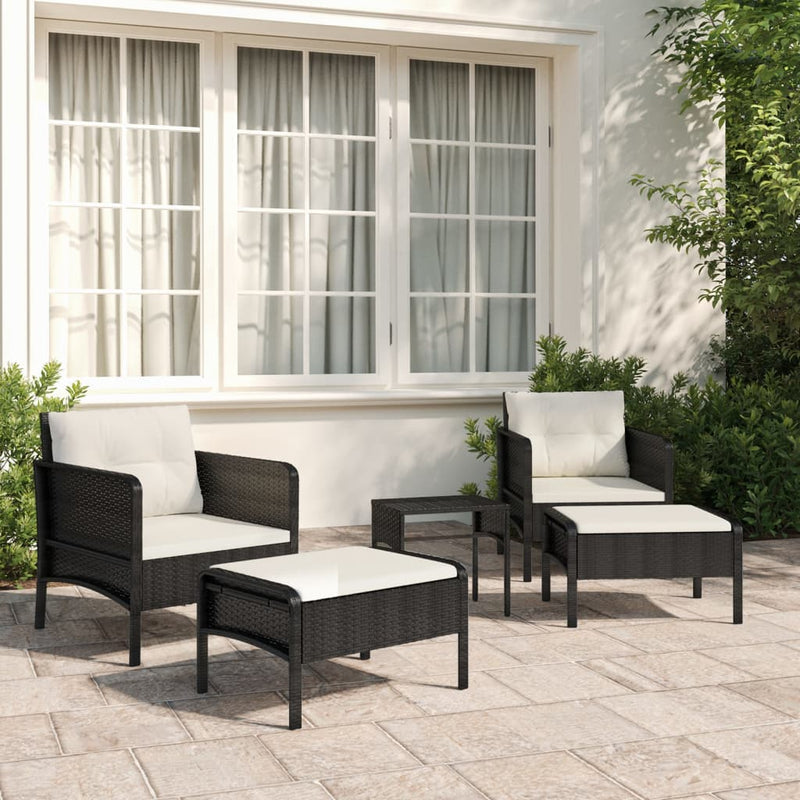 Set șezlonguri de grădină, 5 piese, cu perne, negru, poliratan