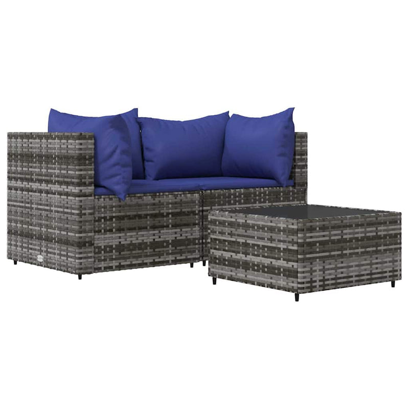 Set mobilier de grădină cu perne, 3 piese, gri, poliratan