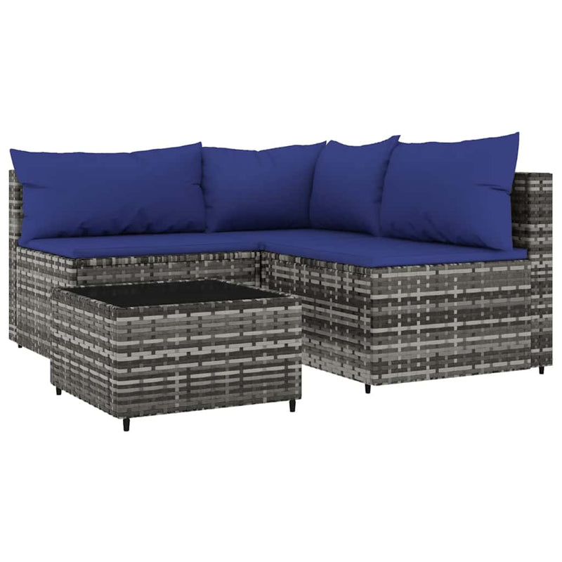 Set mobilier de grădină cu perne, 4 piese, gri, poliratan