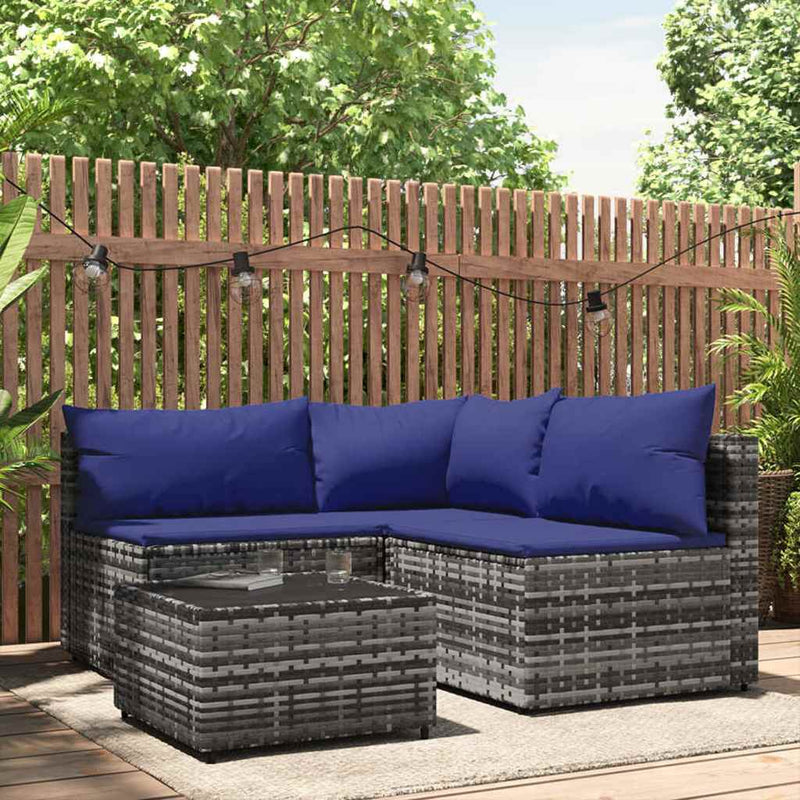 Set mobilier de grădină cu perne, 4 piese, gri, poliratan