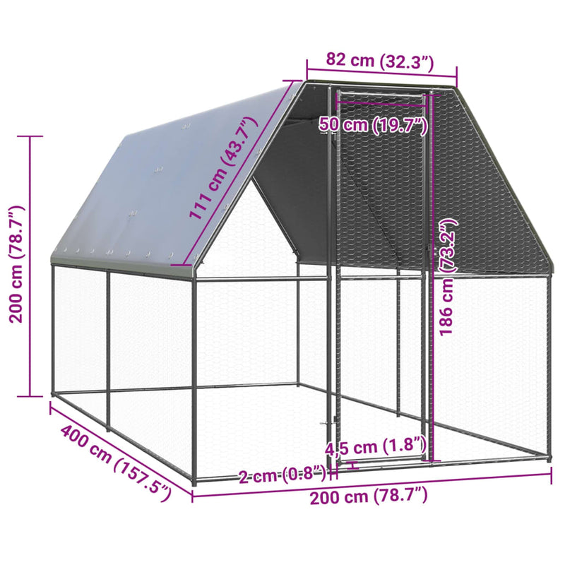 Coteț de păsări pentru exterior, 2x4x2 m, oțel galvanizat