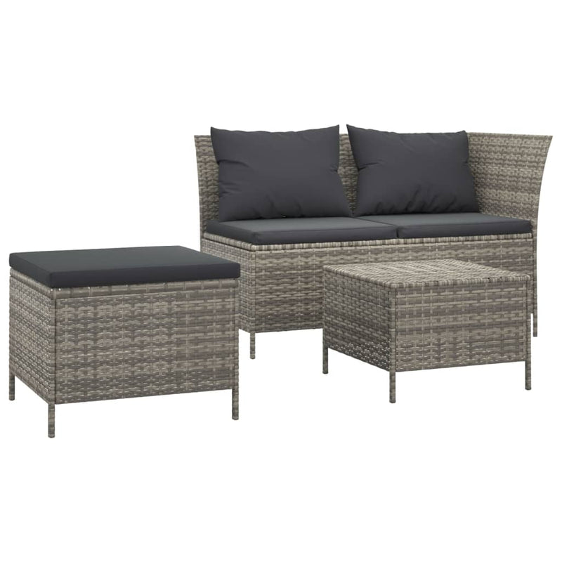 Set mobilier de grădină cu perne, 3 piese, gri, poliratan