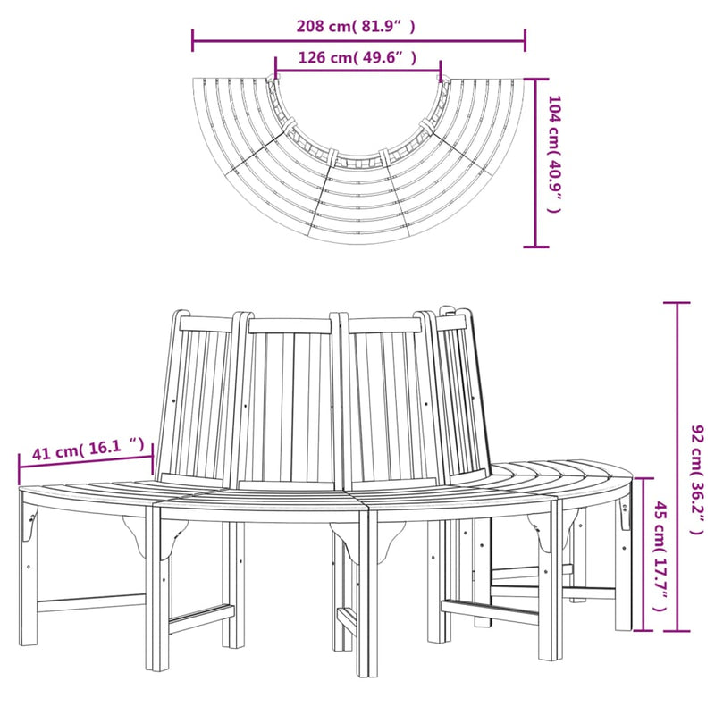 Bancă de copac semi-rotundă, Ø208 cm, lemn masiv de eucalipt