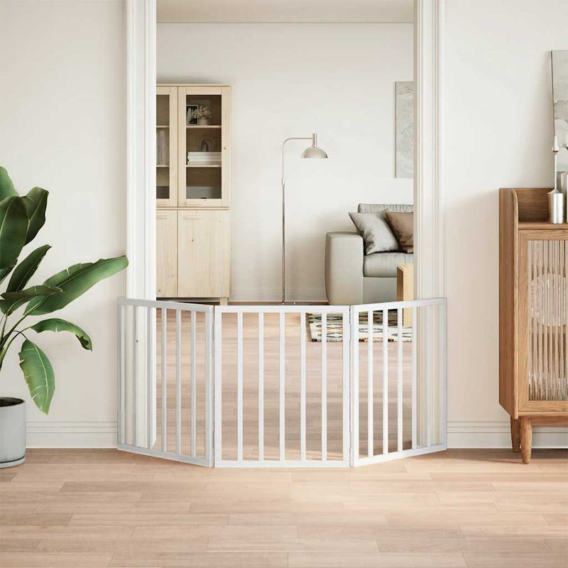 Poartă pentru câini pliabilă, 3 panouri, alb, 150 cm, lemn plop