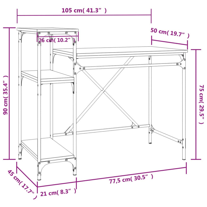Birou cu rafturi stejar fumuriu 105x50x90 cm lemn compozit/fier
