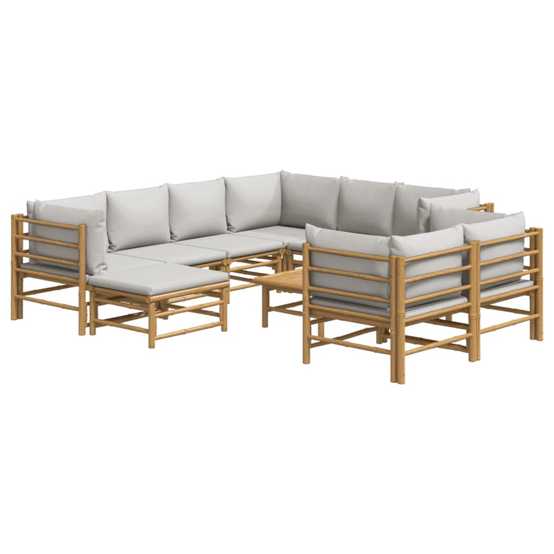 Set mobilier de grădină cu perne gri deschis, 10 piese, bambus