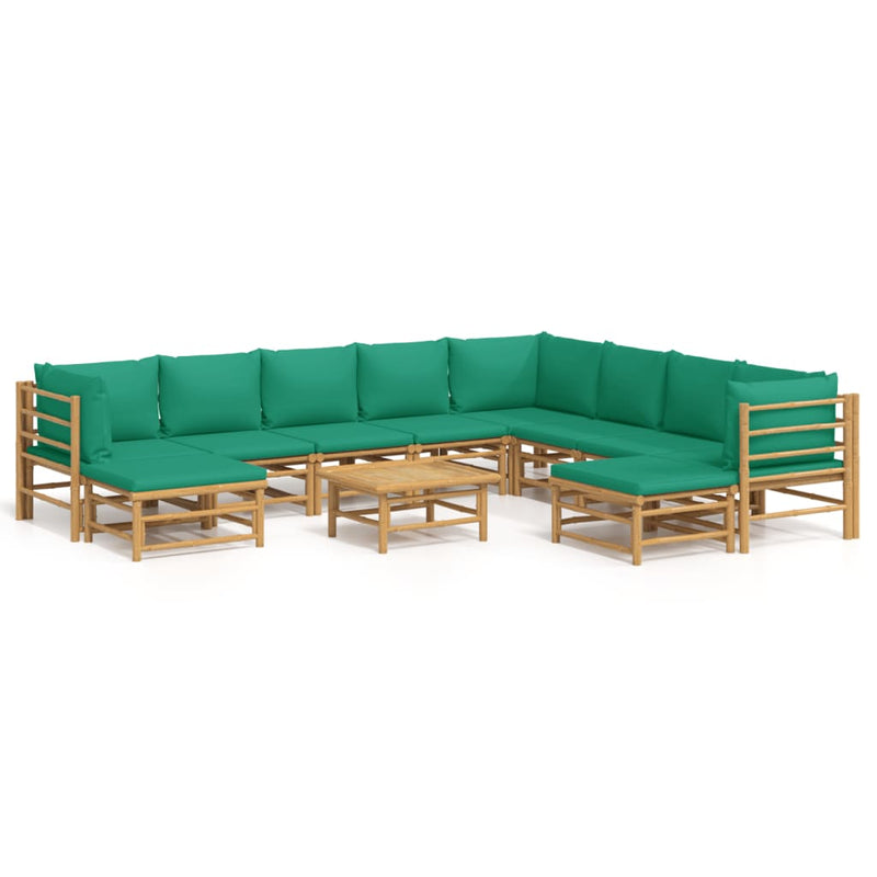 Set mobilier de grădină cu perne verzi, 11 piese, bambus
