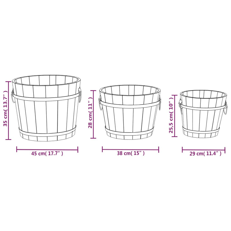 Set de jardiniere tip găleată, 3 piese, lemn masiv de brad