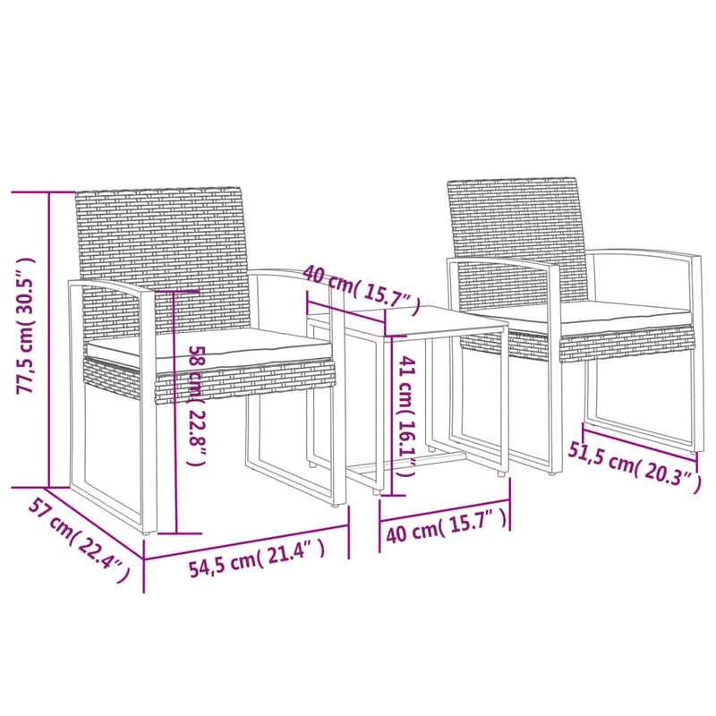 Set mobilier de grădină cu perne, 3 piese, maro, PP ratan