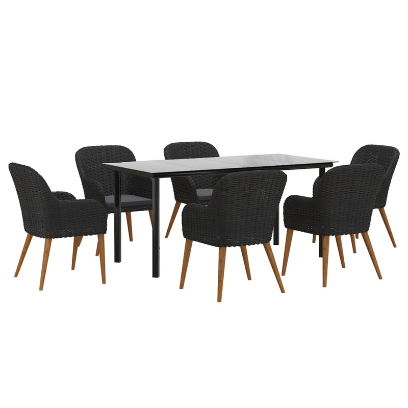 Set de masă pentru grădină, 7 piese, cu perne, negru